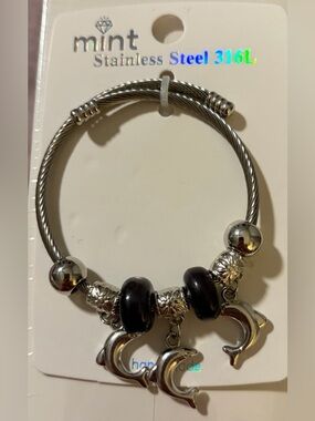 Mint Silver Stainless Steel Bracelet with Black Beads & Dolphin Charms
